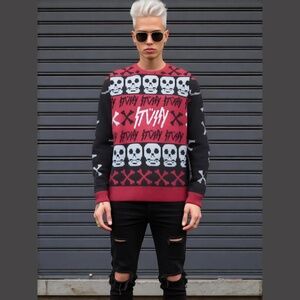 Stussy Red Black Skull Print Knit Unisex Sweater RARE